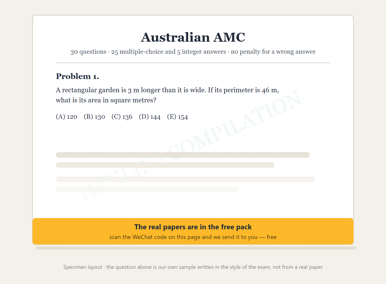 Specimen layout of a compiled Australian AMC paper page: 30 questions with no penalty for a wrong answer, showing a sample question written in the style of the exam with later problems fading out.