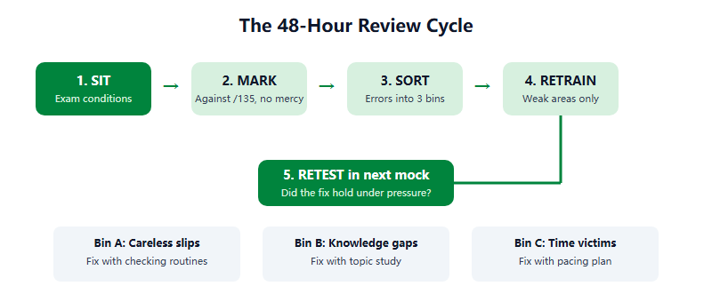 Five-step post-mock review cycle: sit the mock, mark honestly, sort errors into three types, retrain the weak areas, then retest in the next mock