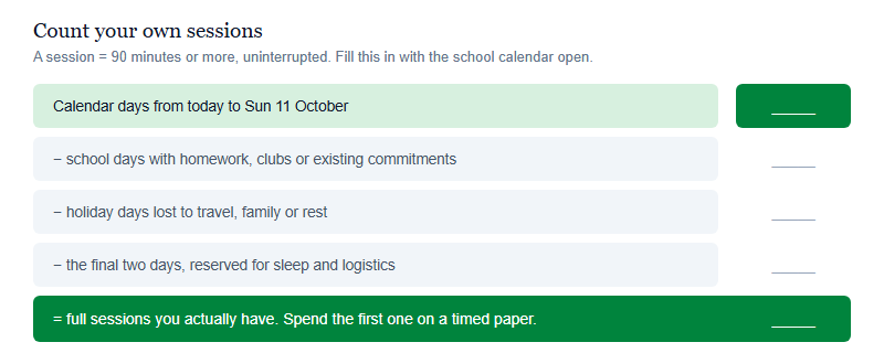 A worksheet ladder for counting usable Australian AMC practice sessions: start from calendar days to 11 October, subtract school days with existing commitments, subtract holiday travel days, subtract the final two days reserved for rest, and write the remaining number of full ninety-minute sessions.